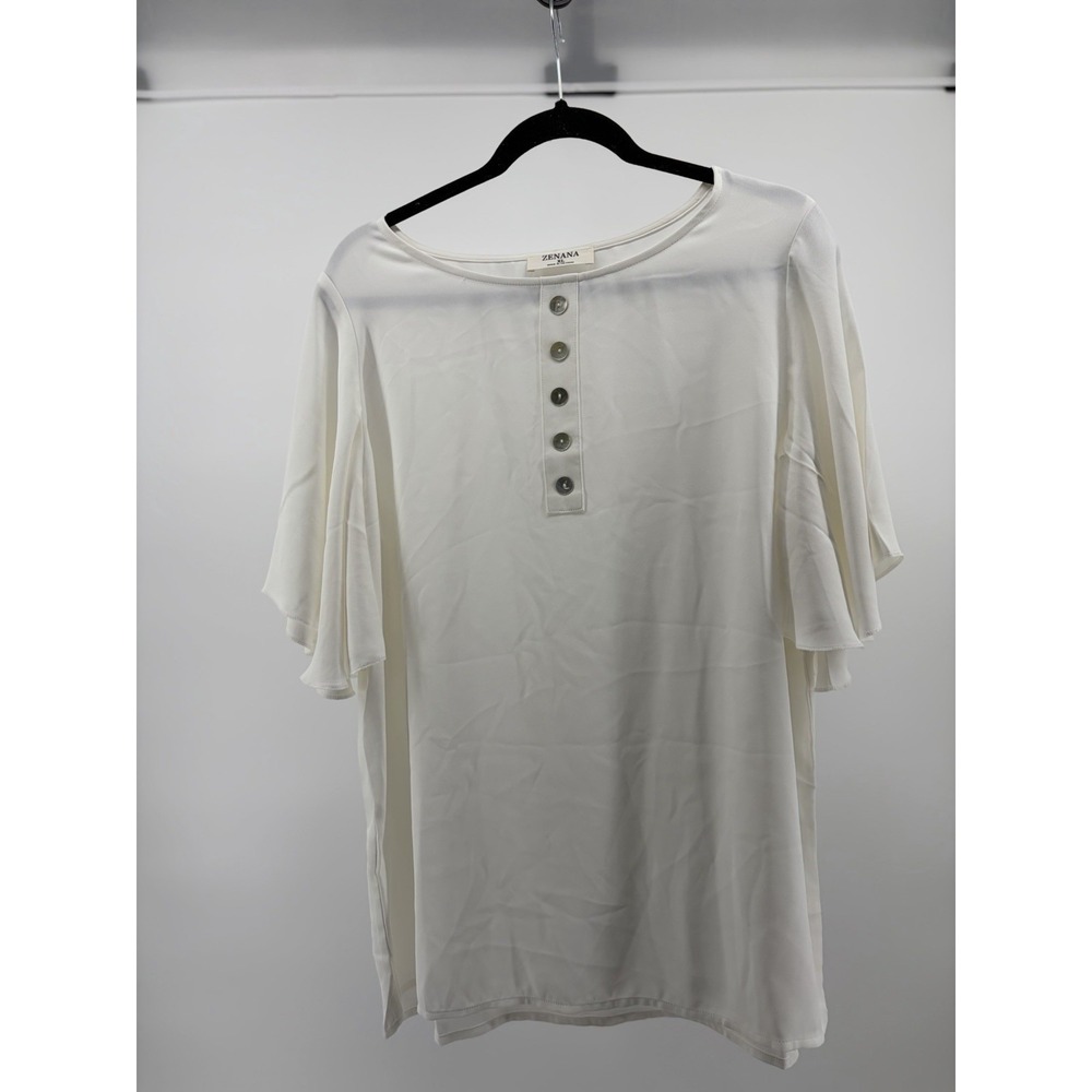 Zenana Premium White Blouse,‎ Flutter Short Sleeves, Women's Size XL